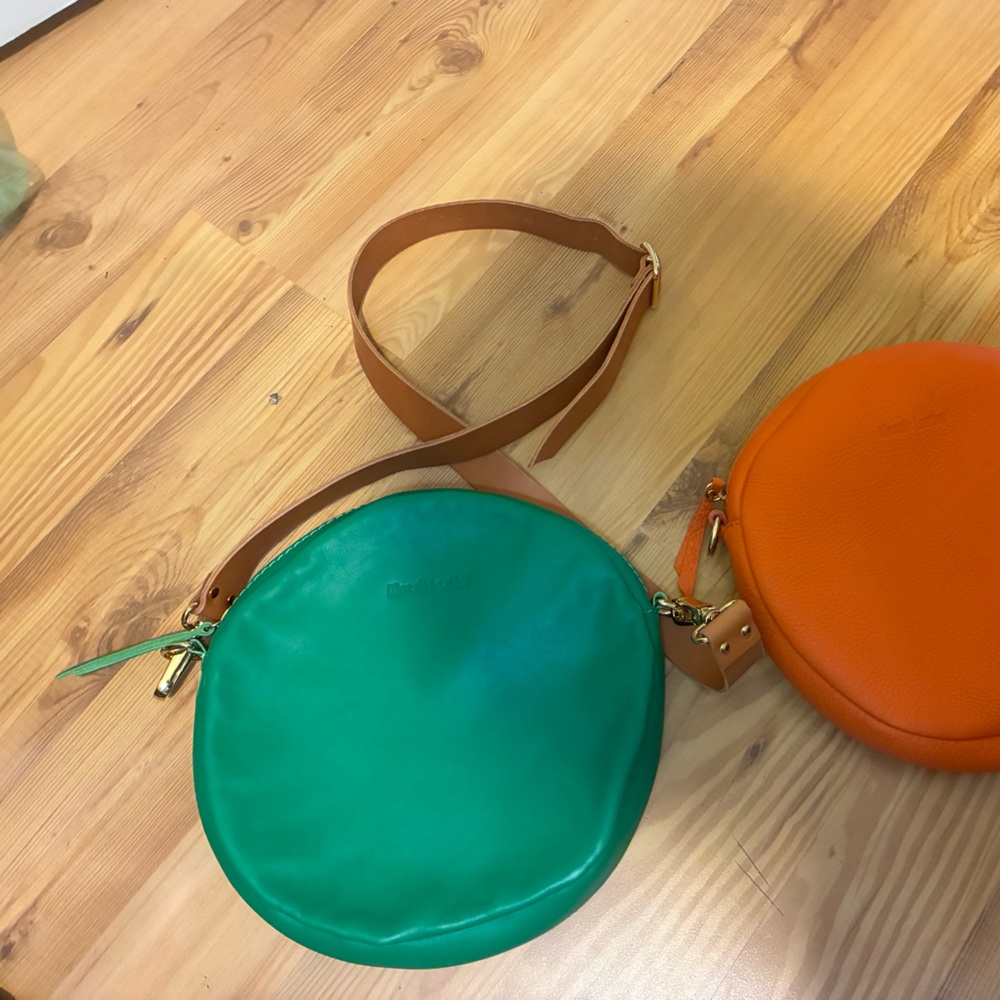 Kinsale Leather Round Crossbody Bag in Green and Orange